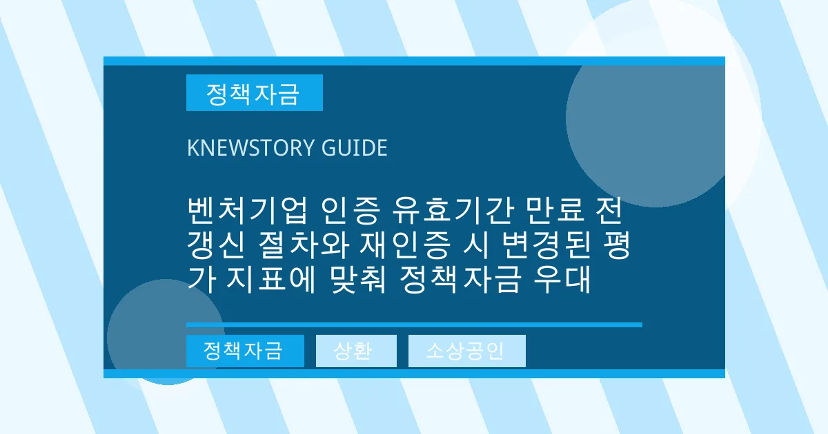 벤처기업 인증 유효기간 만료 전 갱신 절차와 재인증 시 변경된 평가 지표에 맞춰 정책자금 우대 - 정책자금, 상환, 소상공인 대표 이미지